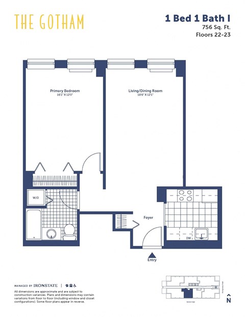 the floor plan of the gotham 1 bed 1 bath